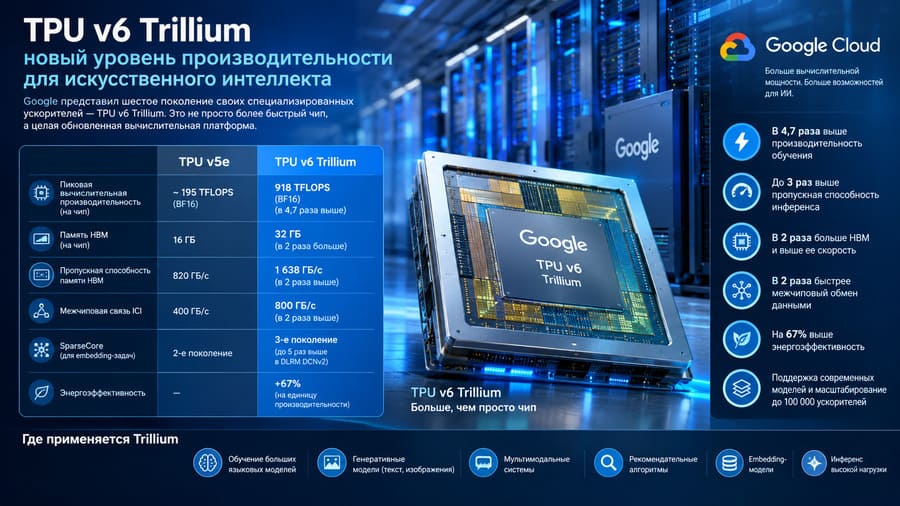 TPU v6 Trillium: чем новый ИИ-ускоритель Google превосходит предыдущее поколение
